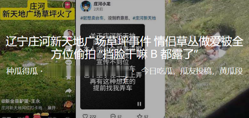 遼寧莊河新天地廣場草坪事件情侶草叢做愛被全方位偷拍 「擋臉幹嘛 B 都露了」